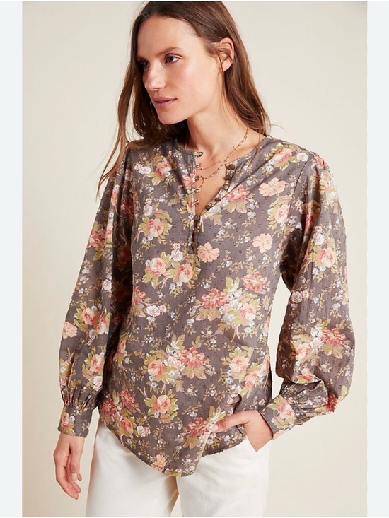 Anthropologie Tops - Anthropologie Michaela Floral Swiss Dot Long Sleeve Peasant Top Womens Small